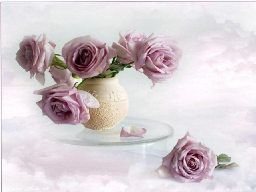 розовые цветы - ваза, цветы, розы, облака - оригинал