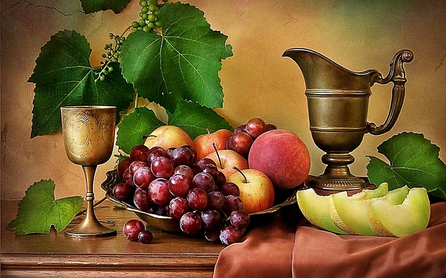Натюрморт - вино, виноград, яблоки, дыня - оригинал