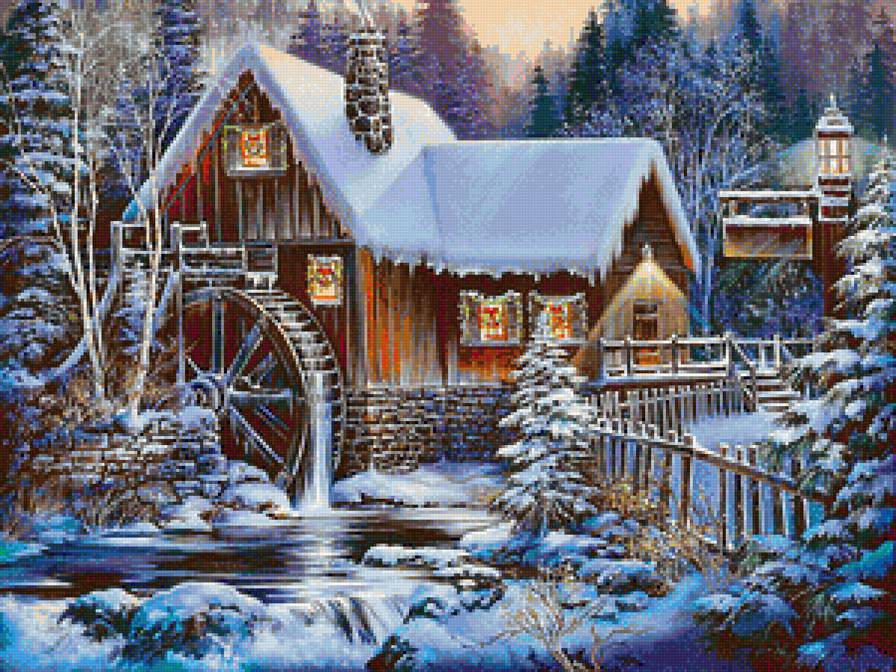 старая мельница - мельница, снег, дом, зима, лес, пейзаж - предпросмотр