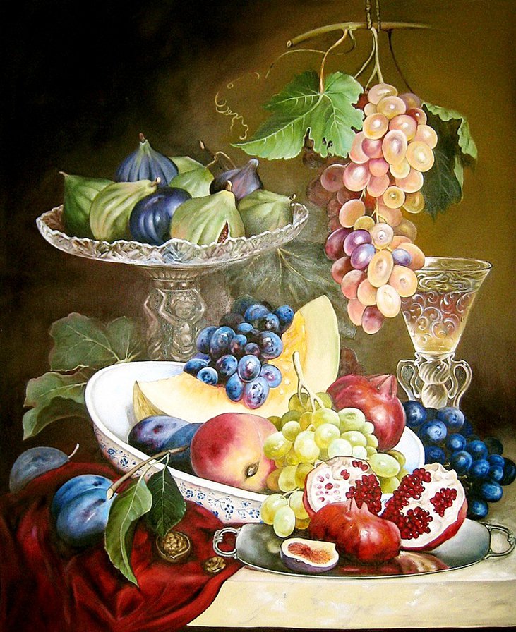 натюрморт с фруктами 2 - фрукты, виноград, картина, натюрморт - оригинал