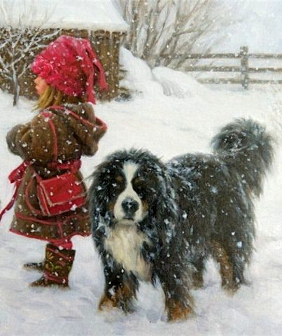 друзья - люди, картина, собаки, природа, зима - оригинал