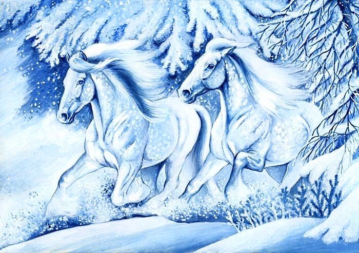 он и она - лошади, лошадь, кони, конь, снег, домашние животные, пара, зима - оригинал