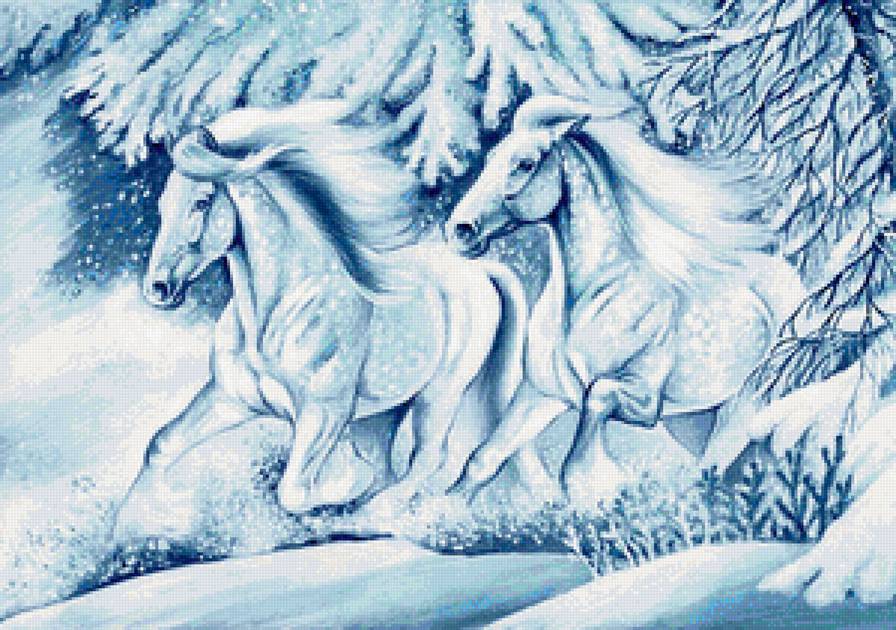 он и она - пара, кони, лошади, зима, домашние животные, снег, конь, лошадь - предпросмотр