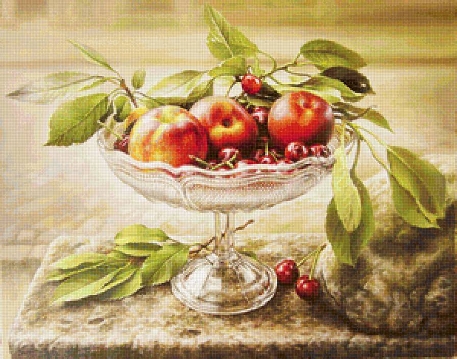 Натюрморт с персиками и черешней - вишня, черешня, персики, ваза с фруктами, фрукты, для кухни, натюрморт - предпросмотр