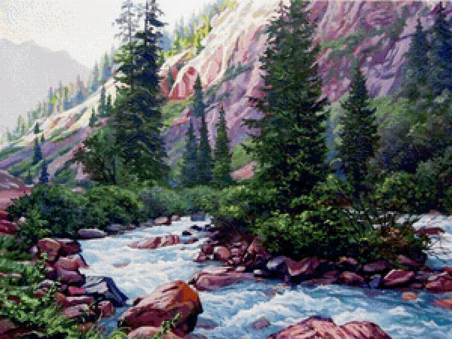 горная река - горы, река, пейзаж, картина - предпросмотр