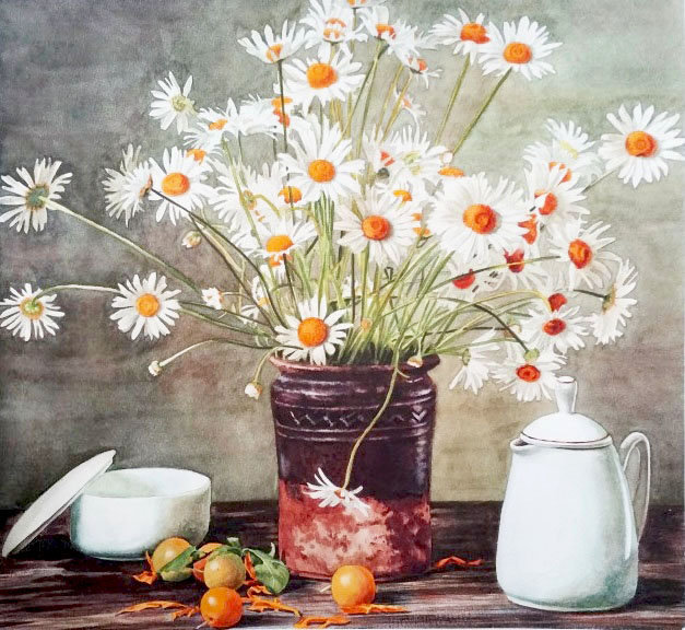 Натюрморт с ромашками - букет, натюрморт, цветы в вазе, полевые цветы, ромашки, белые цветы - оригинал
