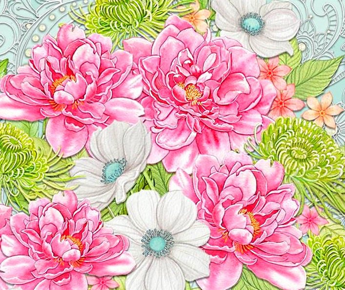 нежные цветы - анемоны, пион, пионы, белые цветы, розовые цветы, анемон, подушка - оригинал