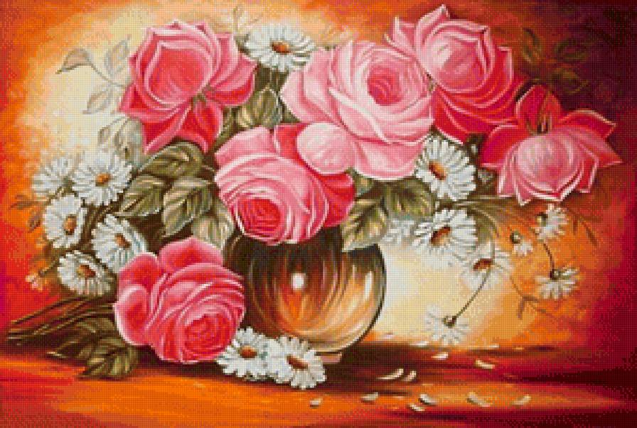 роза нежная - роза, маргаритки, розы, ромашки, белые цветы, букет, розовые цветы - предпросмотр