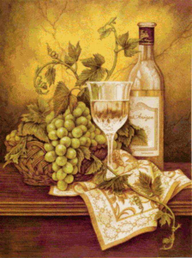 Натюрморт с белым вином - монохром, натюрморт, виноград, вино, бокал, для кухни, фрукты - предпросмотр