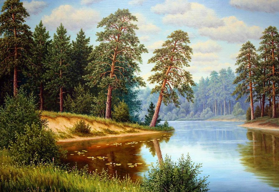 родные просторы - река, лес, лето, пейзаж, картина, природа - оригинал