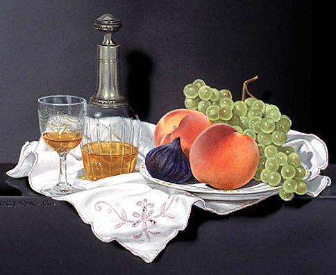 Натюрморт - виноград, вино, персик, фрукты, на кухню - оригинал