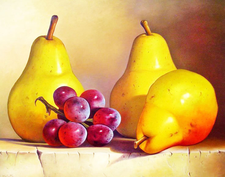Сочные груши и виноград - натюрморт, груши, ягоды, для кухни, виноград, фрукты, живопись - оригинал