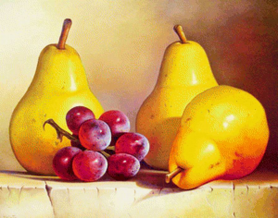 Сочные груши и виноград - груши, фрукты, натюрморт, ягоды, для кухни, живопись, виноград - предпросмотр
