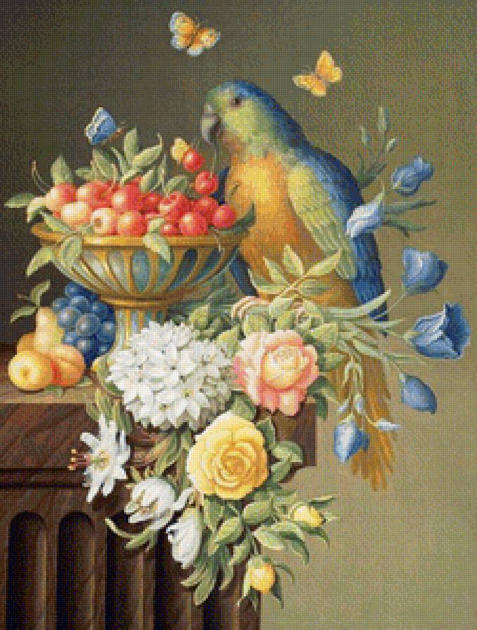 натюрморт с птицей - птица, картина, натюрморт, цветы, фрукты - предпросмотр