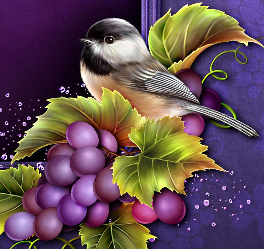 птичка и виноград - виноград, фрукты, птицы - оригинал
