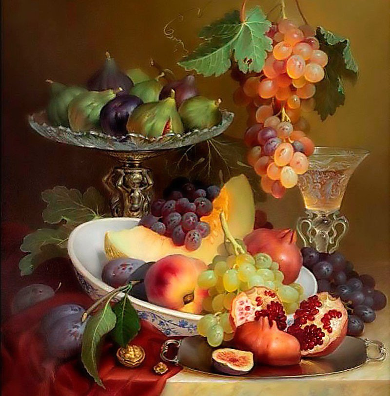 Натюрморт с виноградом - инжир, виноград, фрукты - оригинал