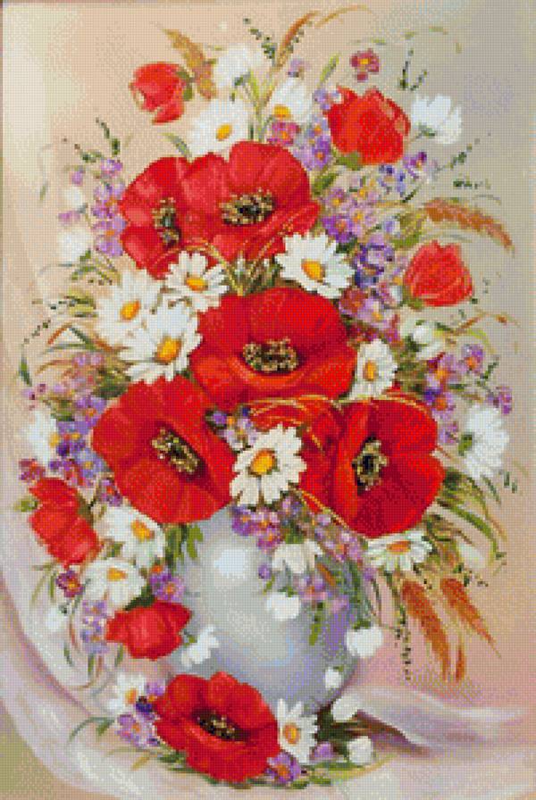 Полевые цветы - полевые цветы, пенель, цветы в вазе, ромашки, колоски, букет, маки - предпросмотр