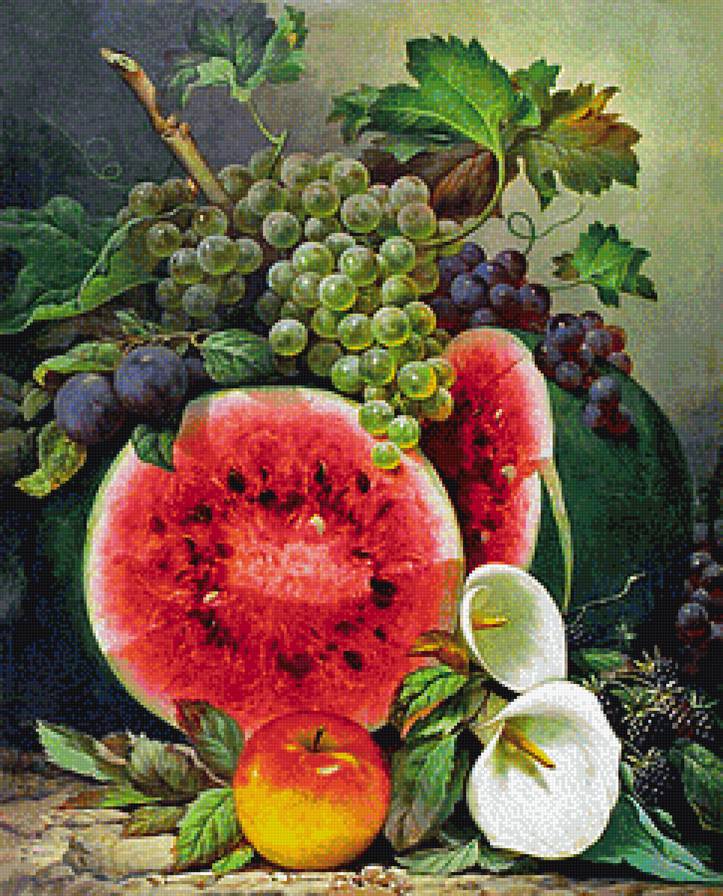 Натюрморт с арбузом - арбуз, живопись, виноград, натюрморт - предпросмотр