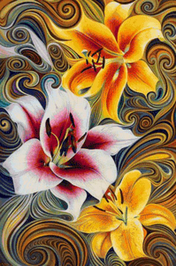 Трио - дивный цветок, букет, цветы, абстракция, живопись, лилии, панно, панель - предпросмотр