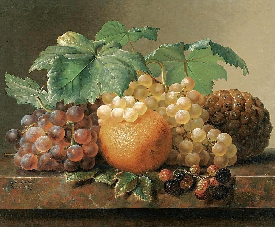 Натюрморт с фруктами на мраморном карнизе - натюрморт, фрукты - оригинал