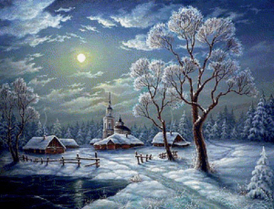 зимняя ночь - пейзаж, картина, зима - предпросмотр