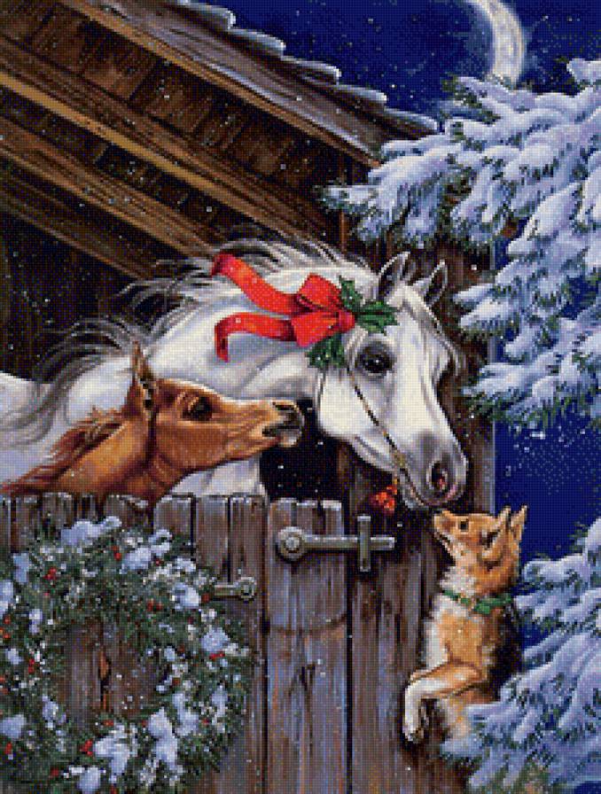 Новогодняя - природа, зима, картина, лошади, собаки - предпросмотр
