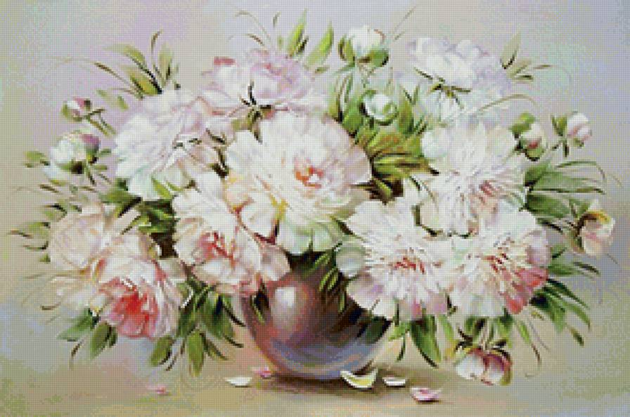 Светлые пионы - букет, цветы в вазе, пионы, натюрморт, цветы, живопись, белые цветы - предпросмотр