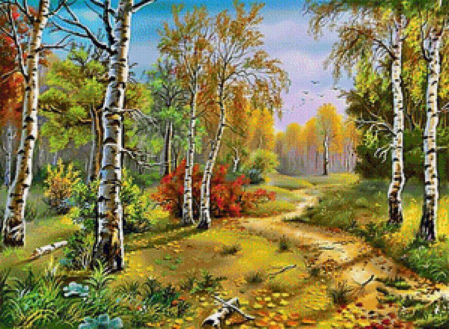 №1198539 - пейзаж, березы, осень, живопись, лес, природа - предпросмотр