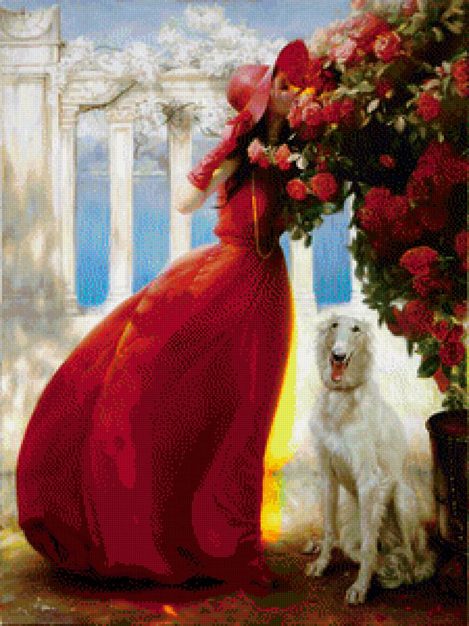 женщина в красном - розы, собака, девушка - предпросмотр