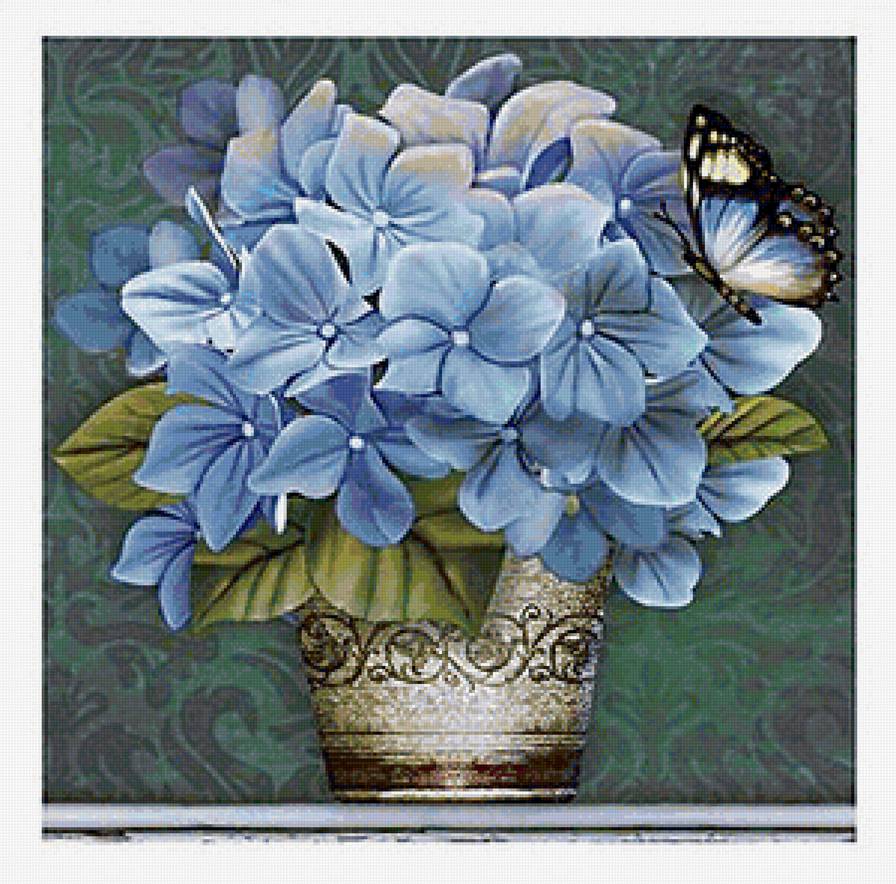 бабочки и цветы - гортензия, синие цветы, букет, бабочки, бабочка, голубые цветы - предпросмотр