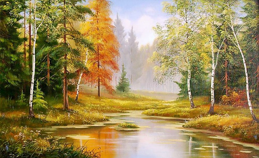 Березки - живопись, пейзаж, лес, березки, пруд, осень, природа - оригинал