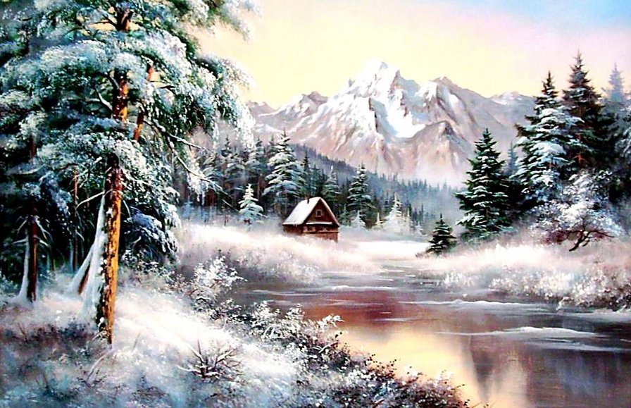 Домик у горы - река, зима, лес, природа, горы, пейзаж, живопись - оригинал