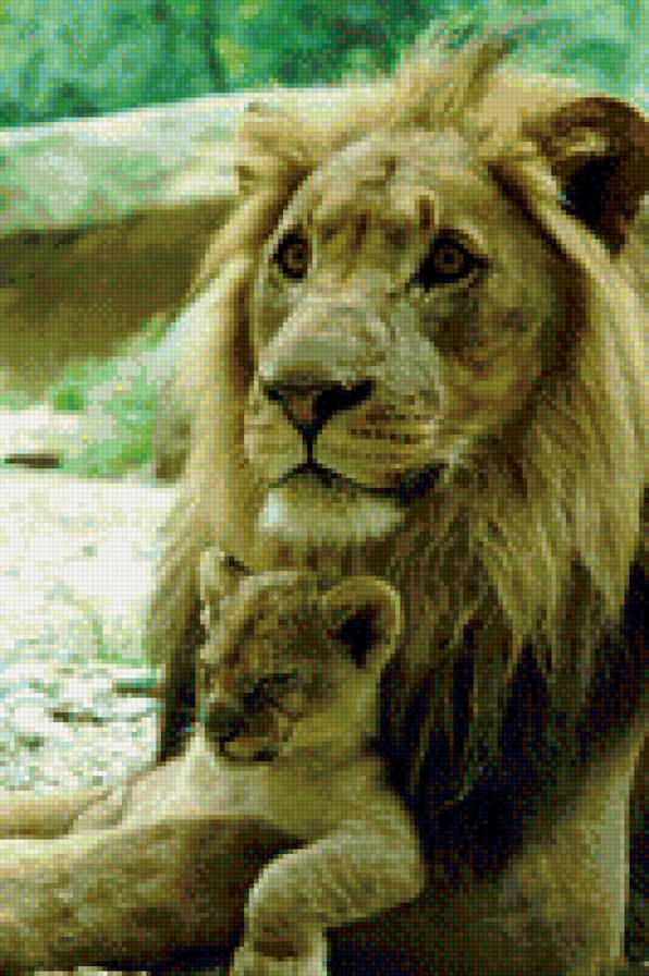 Мать и дитя, львица и львенок - вышивка крестом, красивые вышивки, пионы - предпросмотр