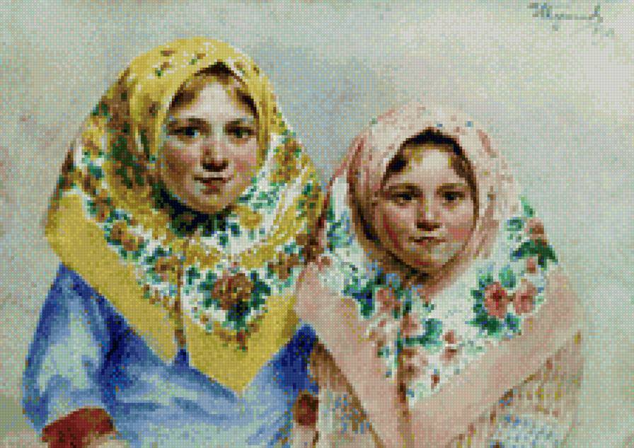 Иван Семенович Куликов. Две девочки 1913. - красивые вышивки, пионы, вышивка крестом - предпросмотр
