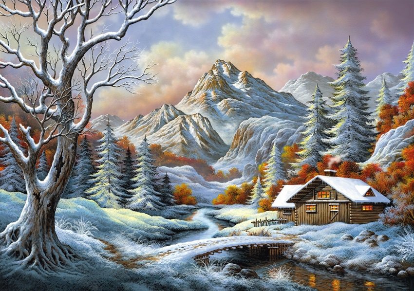 на заимке - пейзаж, горы, зима, снег, осень, лес, река, дом - оригинал