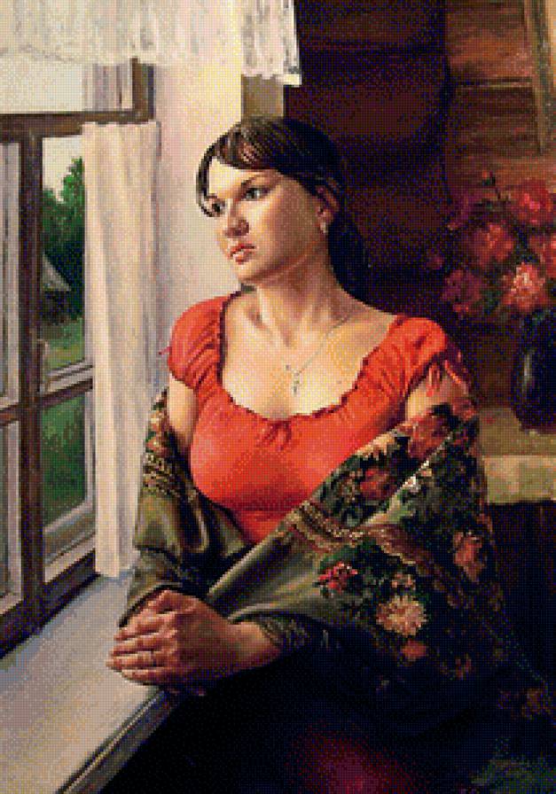 женщина у окна - ожидание, платок, щрилев, женщина, окно - предпросмотр