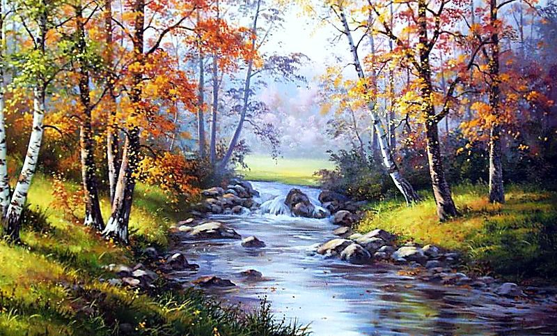 Речка в лесу - река, живопись, пейзаж, осень, природа, лес - оригинал