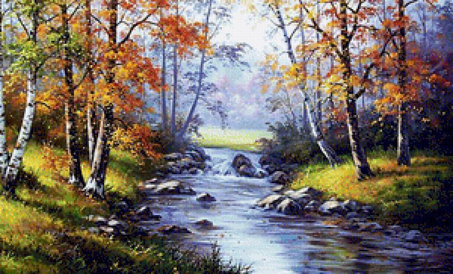 Речка в лесу - пейзаж, река, живопись, осень, природа, лес - предпросмотр