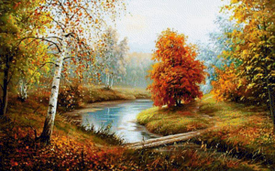 Осень - река, природа, мостик, живопись, осень, пейзаж, лес - предпросмотр