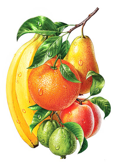 Фруктовое ассорти - апельсины, для кухни, натюрморт, бананы, панель, груши, фрукты, персики - оригинал