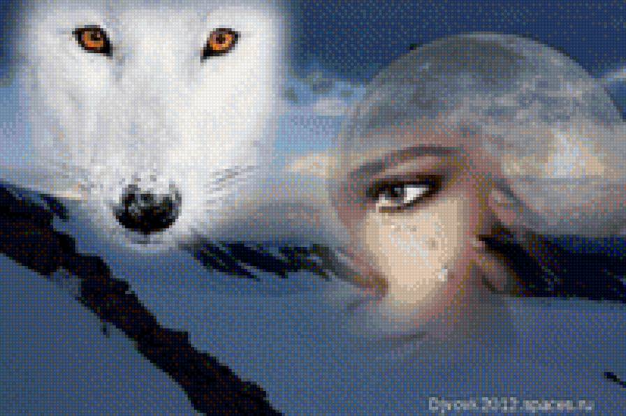 Картина - волки, луна, девушка - предпросмотр