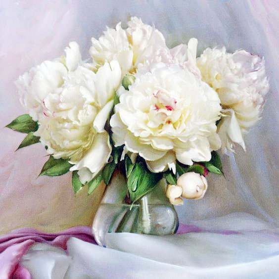 Пионовая нежность - цветы в вазе, натюрморт, белые цветы, живопись, пионы, букет, нежность - оригинал