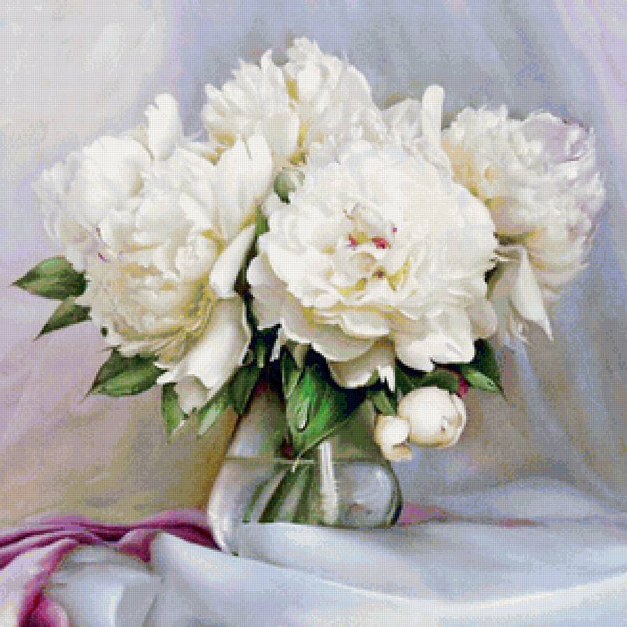 Пионовая нежность - натюрморт, белые цветы, нежность, живопись, пионы, цветы в вазе, букет - предпросмотр