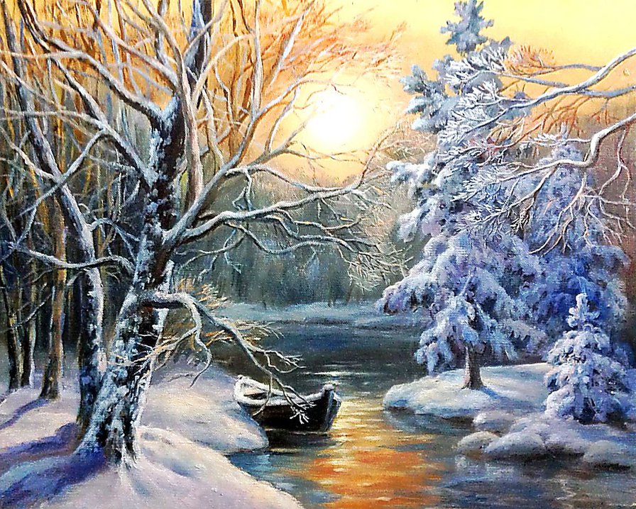 Зимняя сказка - пейзаж, живопись, лес, закат, лодка, река, зима, природа - оригинал