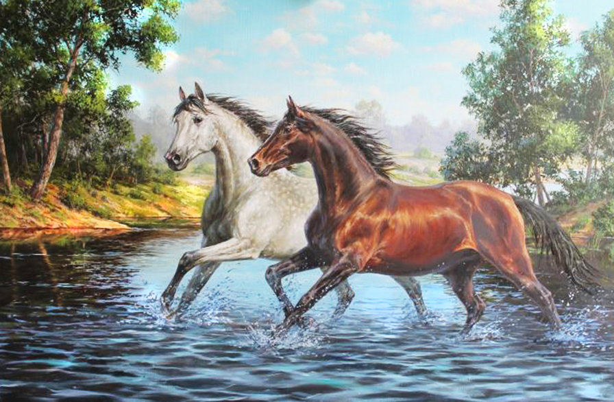 Лошади, бегущие по воде - лето, лошади, сладкая парочка, кони, река, берег реки, летний пейзаж - оригинал