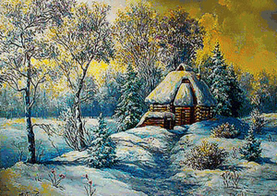 зимний домик в лесу - пейзаж, дом, природа, зимний лес, снег, зима - предпросмотр