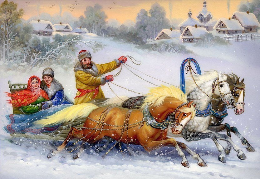 Зимние забавы - зима, люди, лошади, картина - оригинал