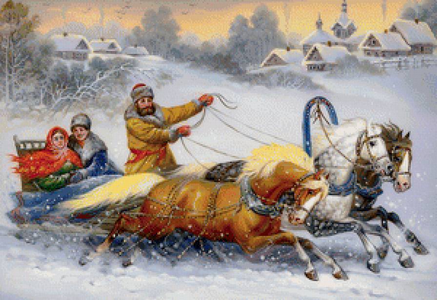 Зимние забавы - люди, зима, картина, лошади - предпросмотр