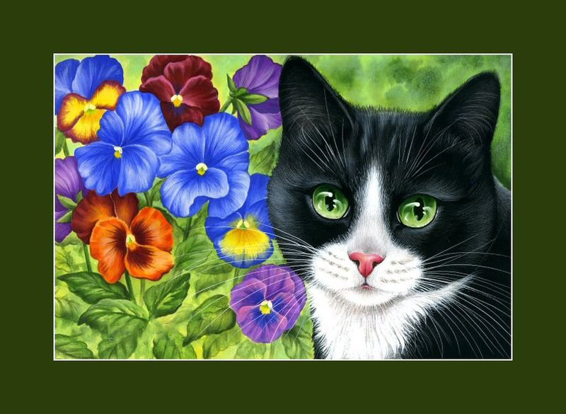 Котик и анютины глазки - кошки, домашний любимец, кот, домашний питомец, анютины глазки, цветы - оригинал