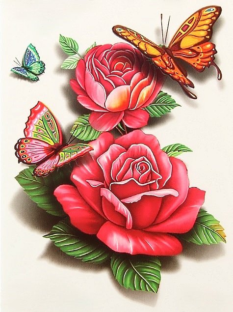 бабочки и цветы - бабочки, бабочка, букет, розы, красные цветы, пара, роза, розовые цветы - оригинал